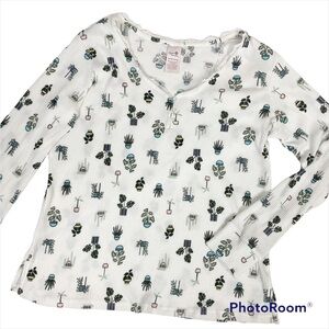 SECRET TREASURES Waffle Knit Ribbed Succulent Print Top Sleep Shirt XL